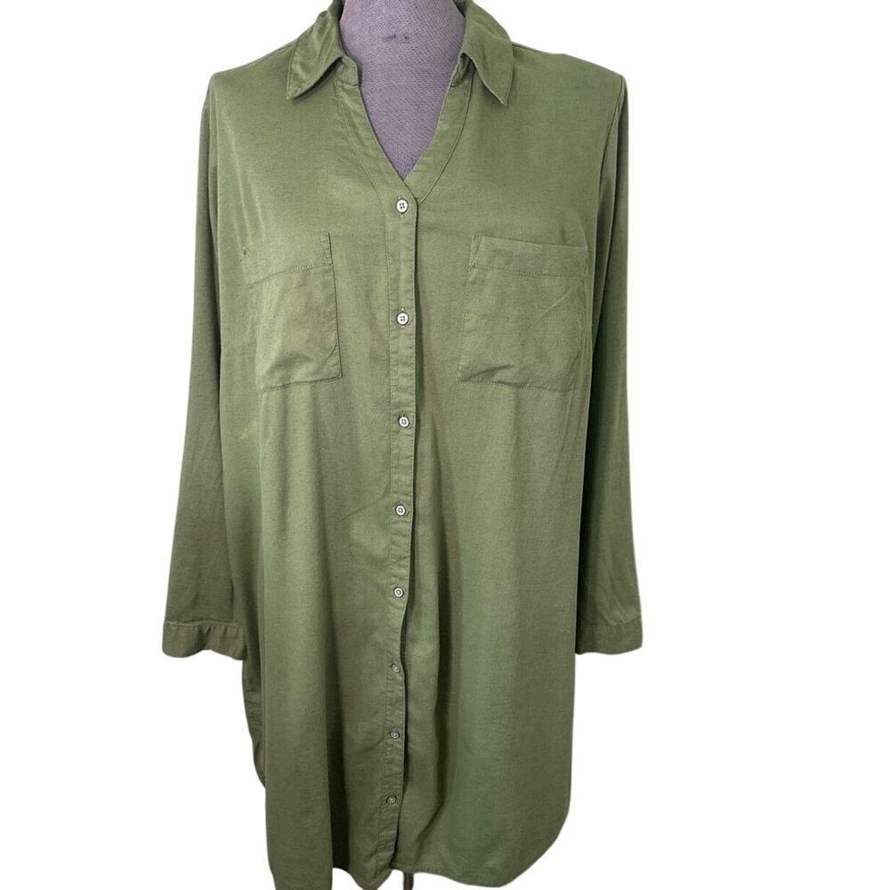 Terra ‘& Sky Shirt Dress Women’s size 1X green Roll tab Sleeves Pockets